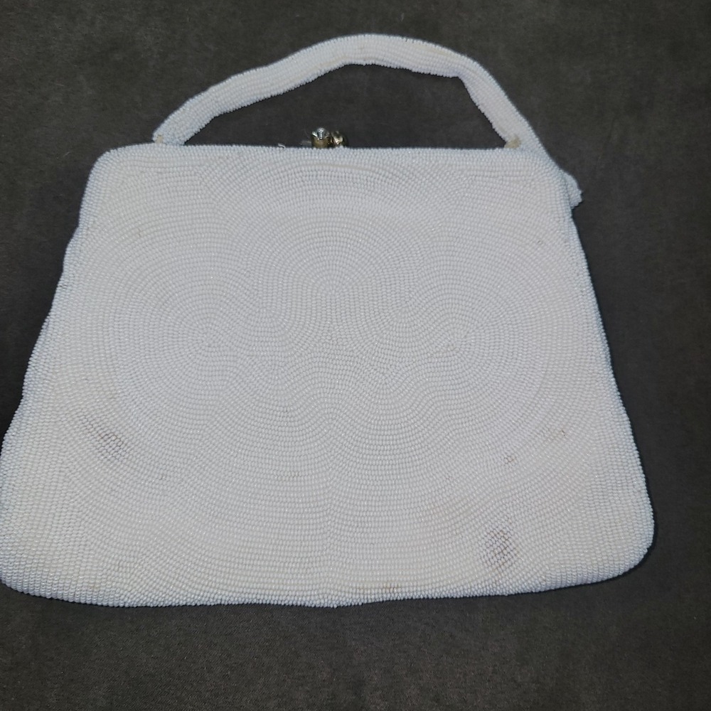 Vintage Seed Bead Kiss Lock Bag Purse White Evening Clutch Handbag Bermuda